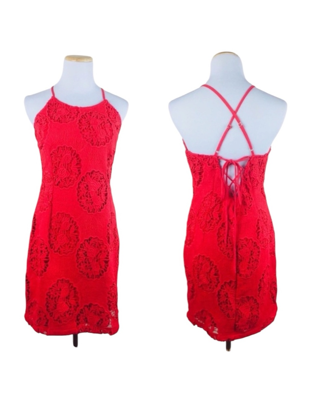 Soieblu Red Crochet Boho Lace Back Floral Dress